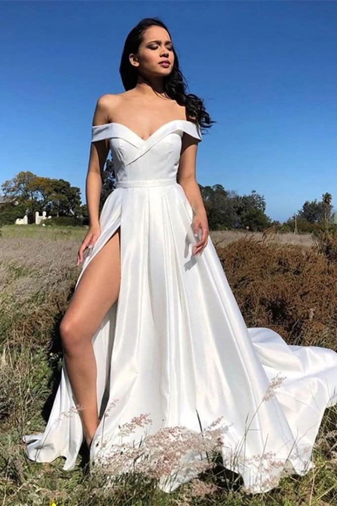 White Off-the-Shoulder Prom Dress with Slit BM bride