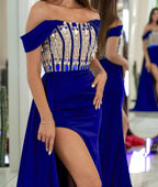 Strapless Sleeveless Prom Dress with Rhinestone and Long Side Slit Trail BM bride