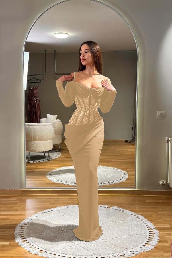 Off the Shoulder Long Sleeves Long Prom Dress With Sequins Pleated BMBRIDE