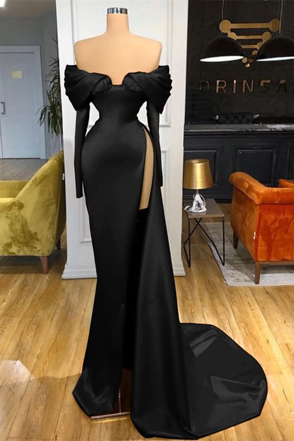 Red Off-the-Shoulder Long Sleeve Mermaid Prom Dress with Split BM bride