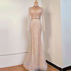 Luxury Champagne Sequin Beading Evening Dress with Long Sleeves and Backless Design BM bride