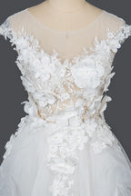Cap Sleeve Jewel Neck Ball Gown Wedding Dress with Floral Appliques BM bride