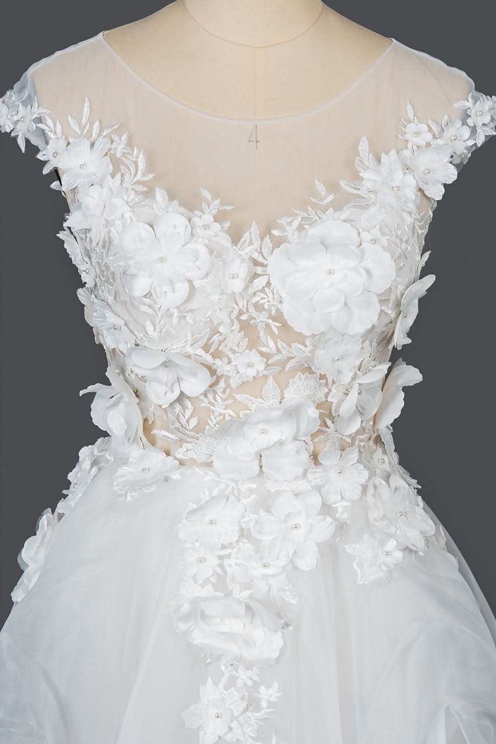 Cap Sleeve Jewel Neck Ball Gown Wedding Dress with Floral Appliques BM bride