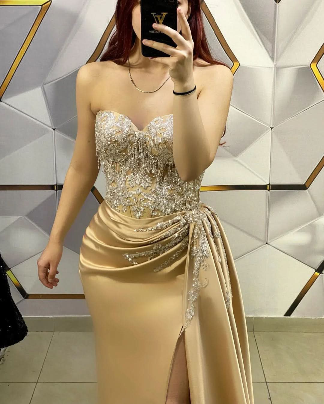 Gold Sleeveless Prom Dress with V-Neck, Sequin Appliques BM bride