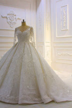 Long Sleeve Ball Gown Beaded Church Train Wedding Dress with Lace Appliques BM bride