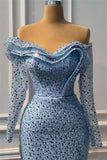 Blue Sweetheart Long Sleeves Sequins Mermaid Prom Dress with Split Beads BM bride