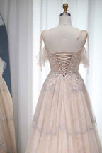 A Line Spaghetti Strap Prom Dress Tulle With Diamond Appliques