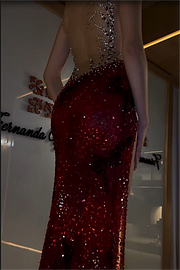 Stunning Red Sequins Strapless Sleeveless Long Split Prom Dress with Beadings
