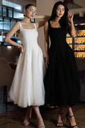 White Square Neck Straps Sleeveless Long Prom Dress With Tulle