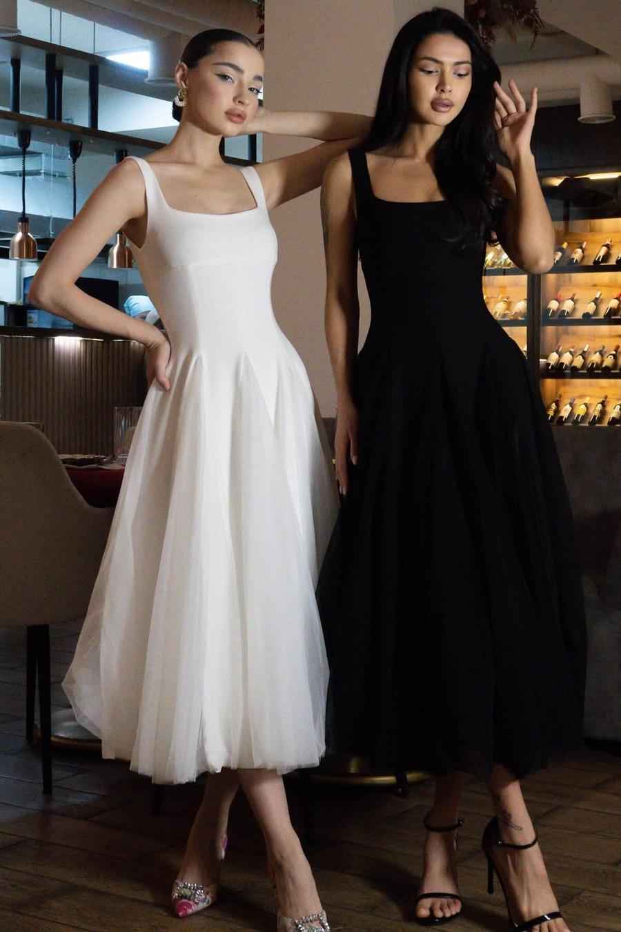 White Square Neck Straps Sleeveless Long Prom Dress With Tulle