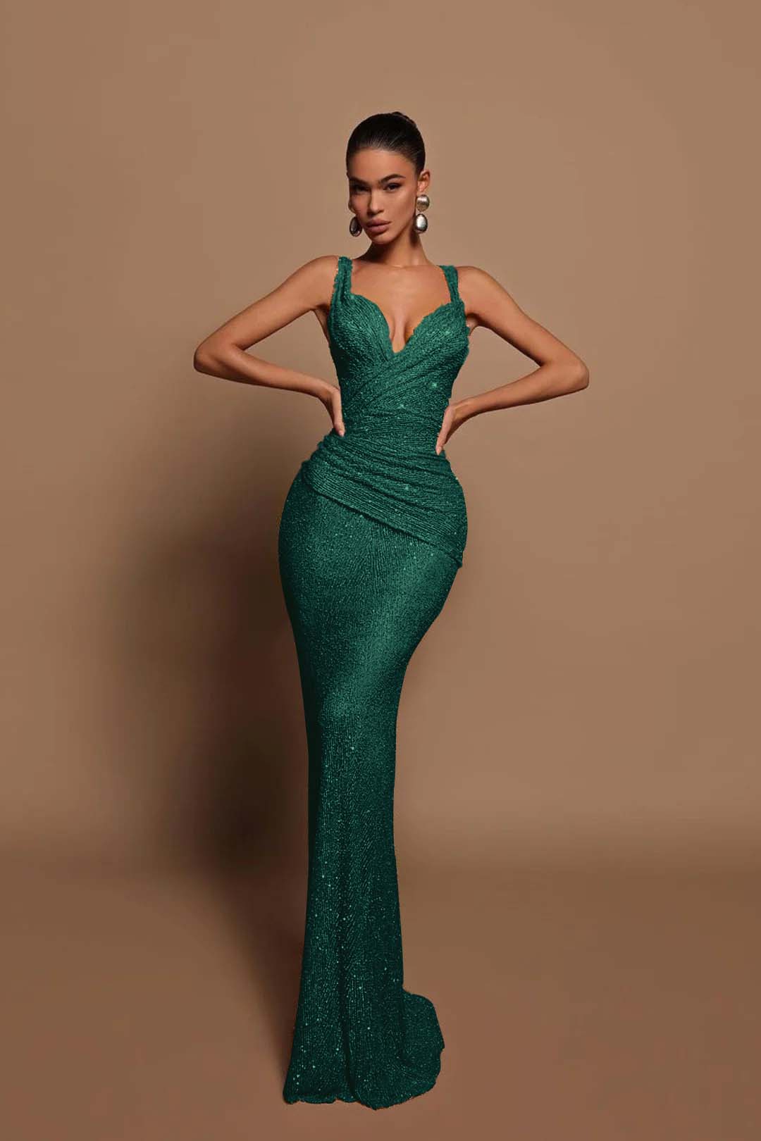 Sexy Pink Long Sequins Prom Dress V Neck Mermaid Sleeveless BMBRIDE