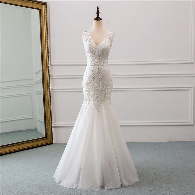 V-Neck Tulle Long Mermaid Wedding Dress with Beading BM bride