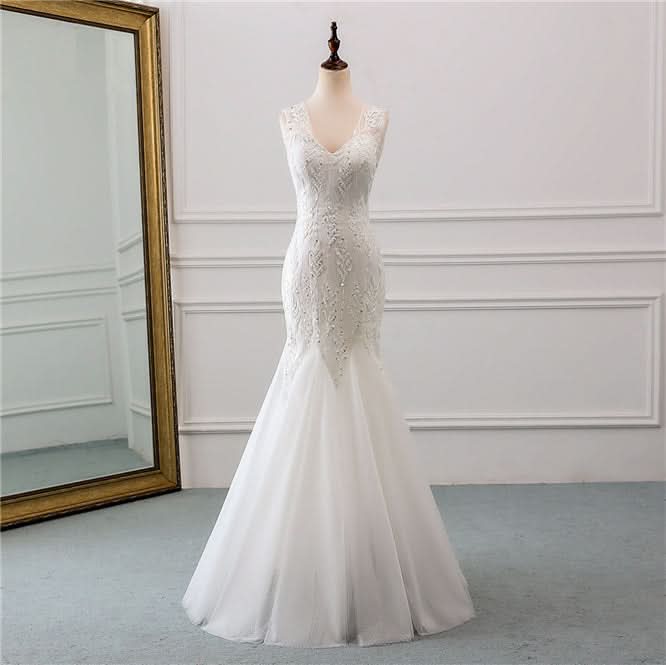 V-Neck Tulle Long Mermaid Wedding Dress with Beading BM bride