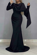 Long Sleeves High Waist Long Mermaid Prom Dress With Ruffles Pleated