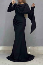 Long Sleeves High Waist Long Mermaid Prom Dress With Ruffles Pleated