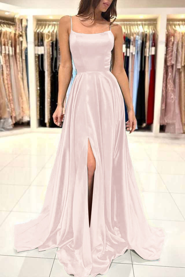 Spaghetti Strap Split Simple Long Prom Dress Green A Line BMBRIDE