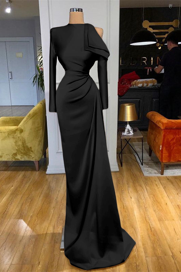 Charming High Neck Champagne Prom Dress Mermaid Long Sleeves With Pleated BMBRIDE