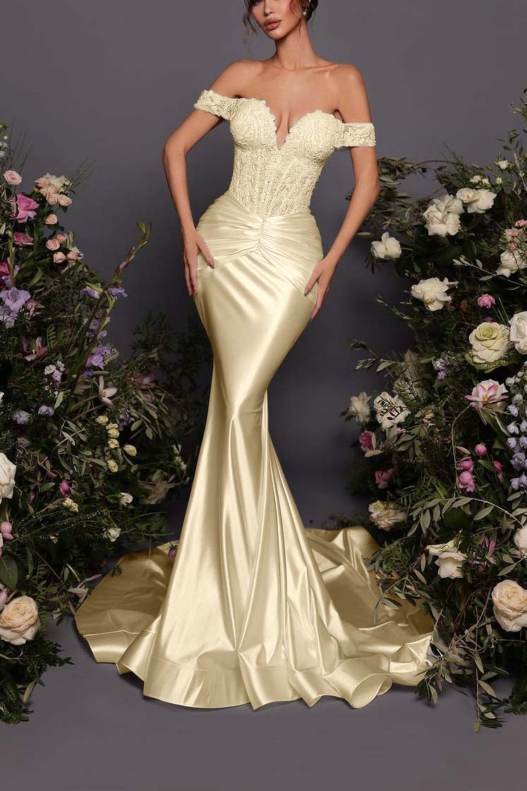 Off The Shoulder Sleeveless Long Mermaid Prom Dress With Pleated BMBRIDE