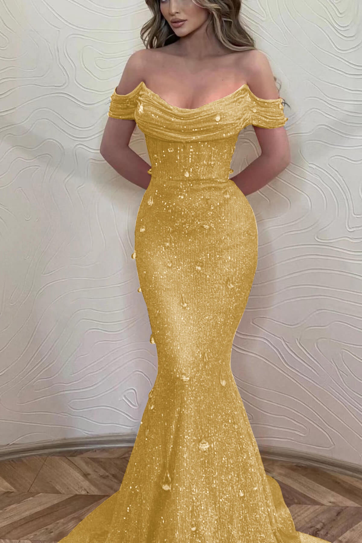 Orange Off the Shoulder Strapless Sleeveless Prom Dress With Sequins Mermaid BMBRIDE