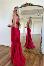 Simple Red Spaghetti Strap Long Mermaid Prom Dress with Taping Detail BM bride