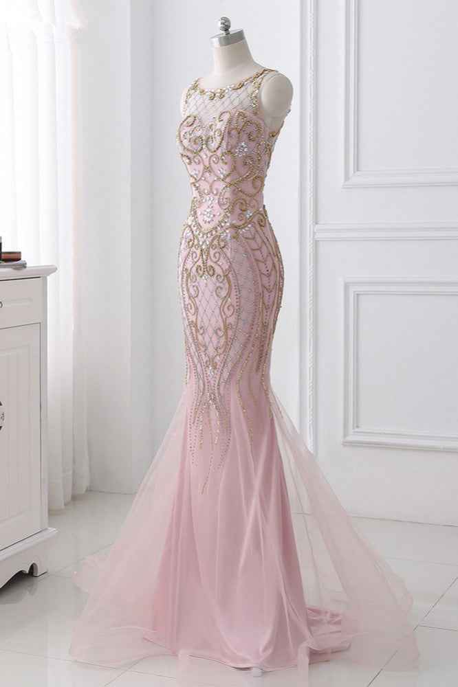 Pink Jewel Sleeveless Prom Dress Mermaid With Beading Rhinestone