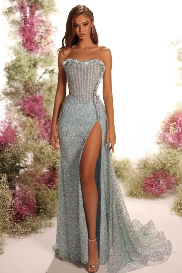 Strapless Sleeveless Long Split Prom Dress With Pleated Sequins BMBRIDE
