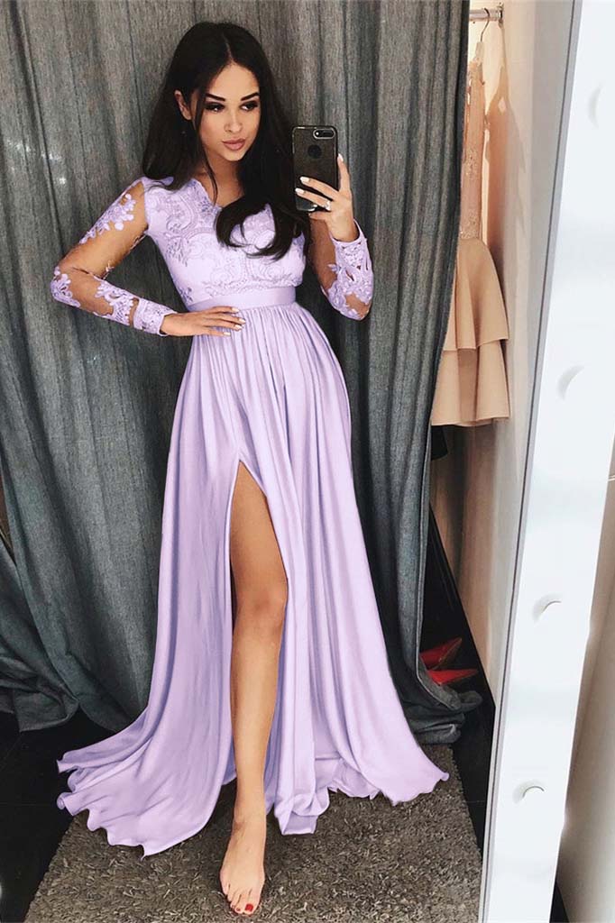 Charming Long Sleeves Front Split High Waist Prom Dress With Lace Appliques BMBRIDE