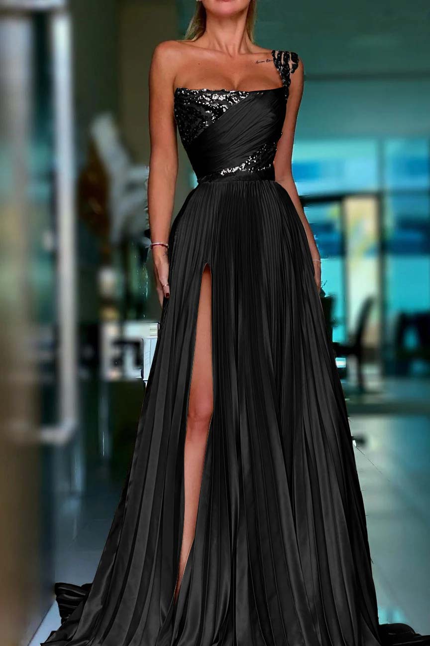 One Shoulder Sleeveless Long Prom Dress With High Split Sequins BMBRIDE