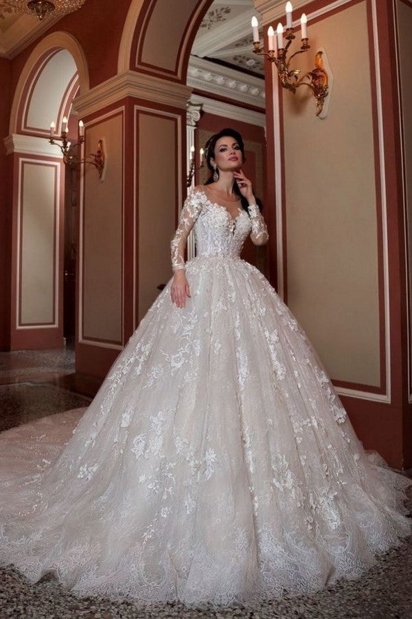 Attractive Long Sleeve Bateau Beaded Train Wedding Dress with A-Line Lace Appliques BM bride