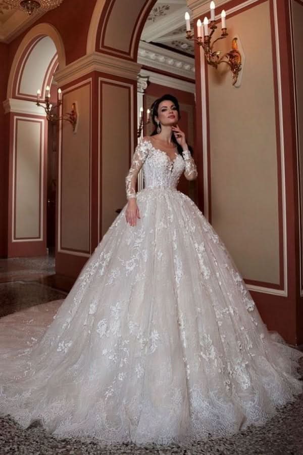 Attractive Long Sleeve Bateau Beaded Train Wedding Dress with A-Line Lace Appliques BM bride