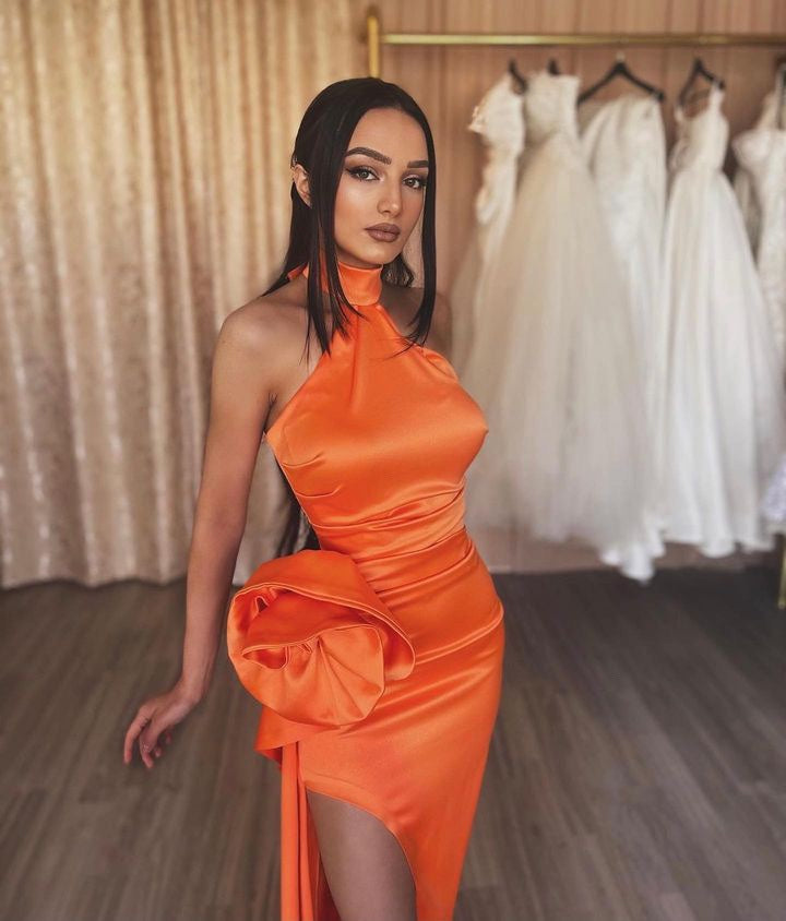 Orange Flower Halter Sleeveless High Split Prom Dress With Pleated