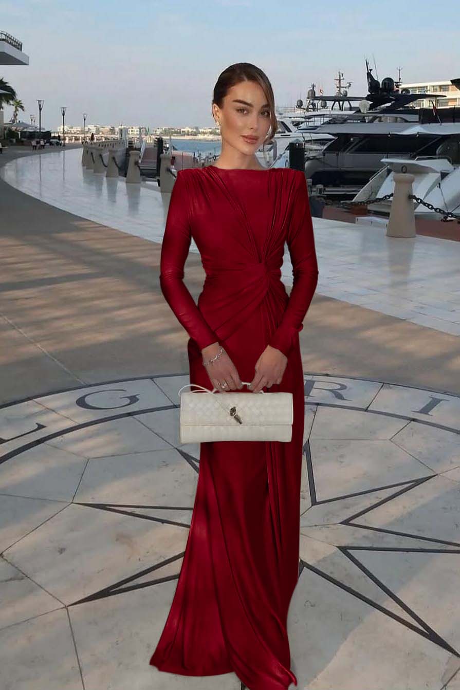Chic Jewel Long Sleeves Mermaid Long Prom Dress With Pleated BMBRIDE