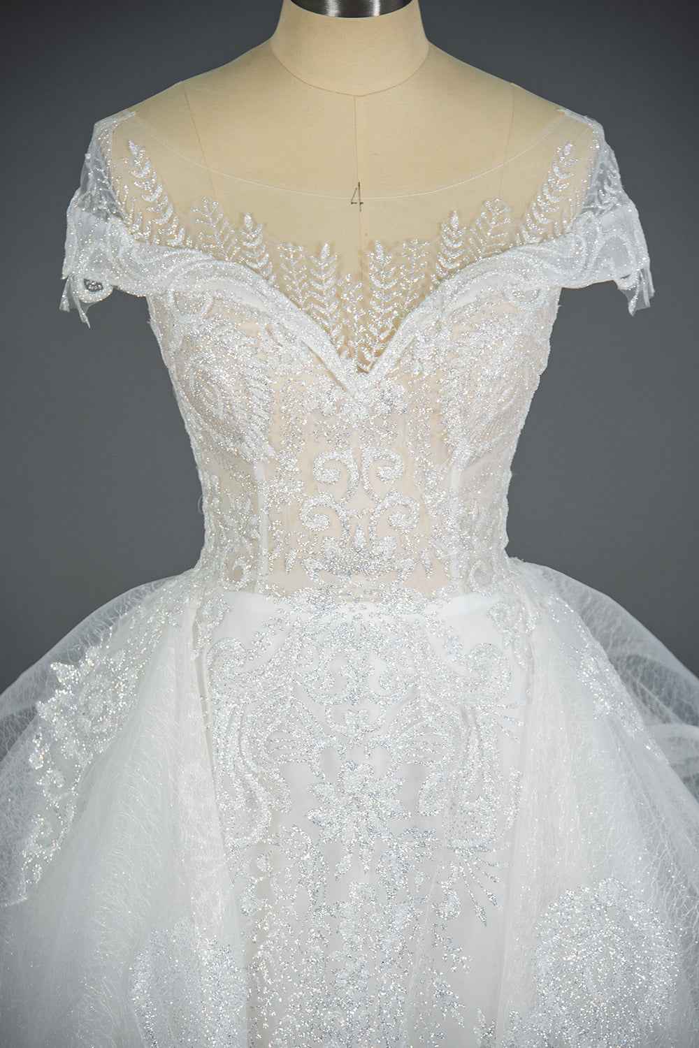Sequined Short Sleeve Appliqued Ball Gown Wedding Dress with Tulle Ruffles BM bride