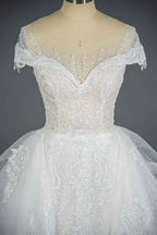 Sequined Short Sleeve Appliqued Ball Gown Wedding Dress with Tulle Ruffles BM bride