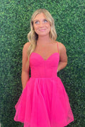 Fuchsia Spaghetti Straps Corset A-Line Short Tulle Homecoming Dress