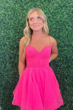 Fuchsia Spaghetti Straps Corset A-Line Short Tulle Homecoming Dress