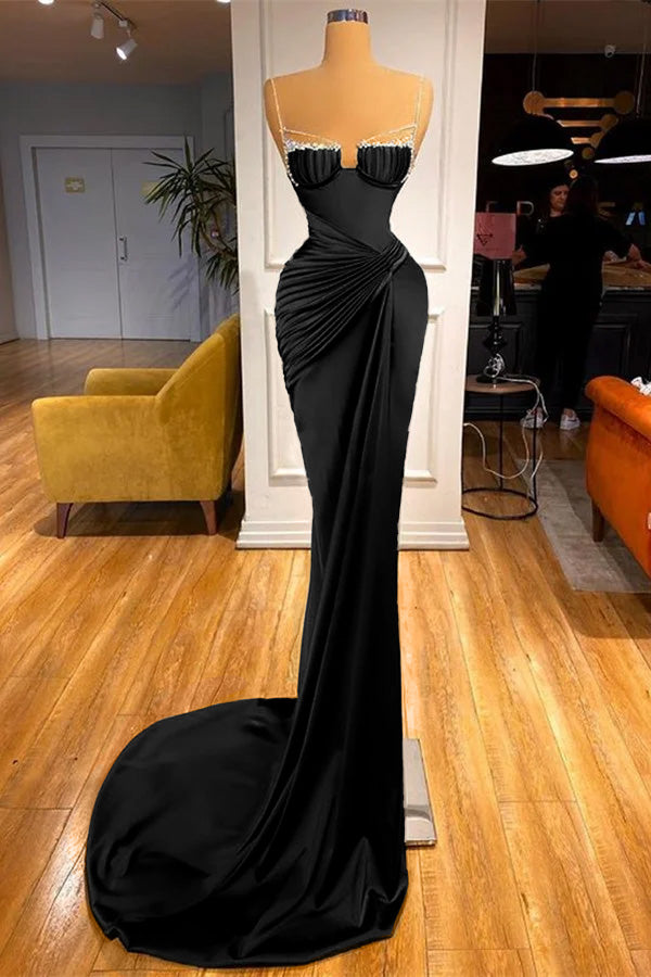 Mermaid Dark Green Spaghetti Strap Sleeveless Long Prom Dress With Beadings BMBRIDE