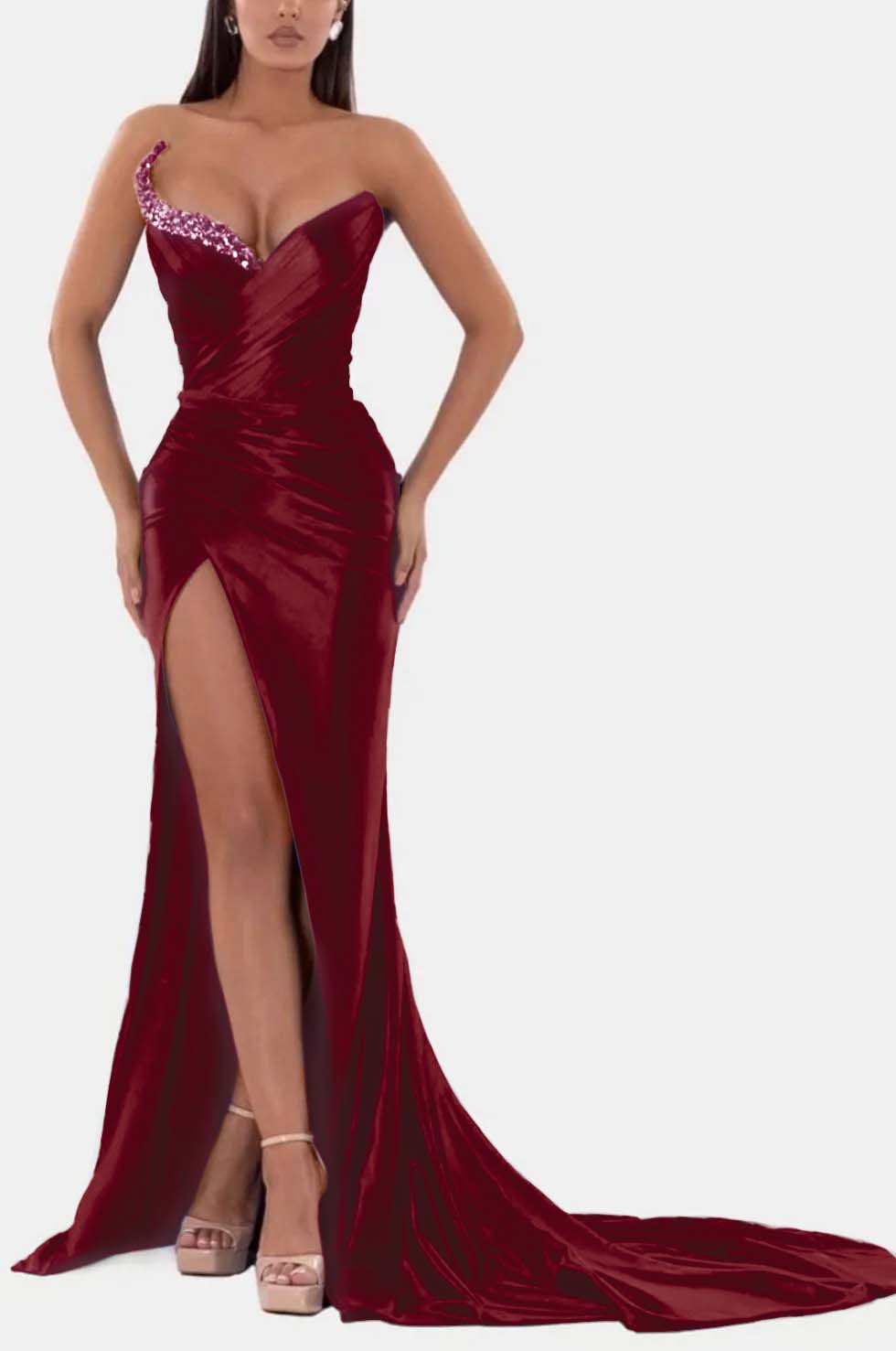 Sexy Royal Blue Prom Dress V Neck With High Slit Pleated Strapless Sleeveless BMBRIDE