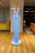 Sky Blue Off-the-Shoulder V-Neck Mermaid Prom Dress BM bride