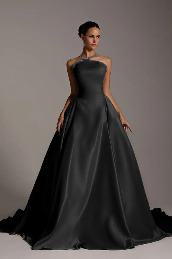 Chic Strapless Sleeveless A Line Long Prom Dress With Pleated BMBRIDE