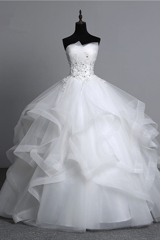 Long Ball Gown Strapless Tulle Layered Wedding Dress with Beaded Appliques BM bride