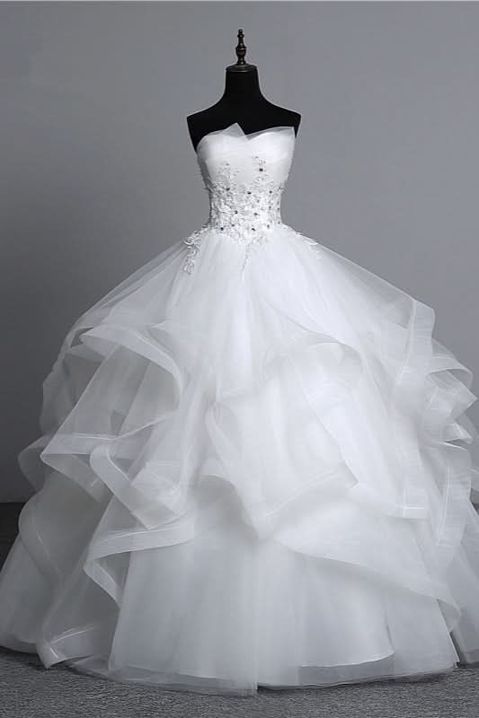 Long Ball Gown Strapless Tulle Layered Wedding Dress with Beaded Appliques BM bride