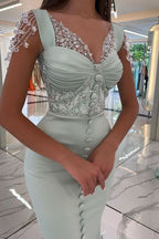 Amazing Mint Green Cap Sleeves Prom Dress Long with Buttons and Beads BM bride