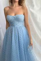 Baby Blue Tulle Strapless Detachable Sleeves A Line Long Prom Dress With Split
