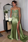 Spaghetti Strap Sleeveless Split Long Mermaid Prom Dress With Appliques