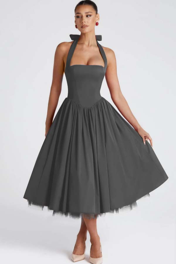 Halter Sleeveless Long A Line Prom Dress With Pleated Tulle BMBRIDE