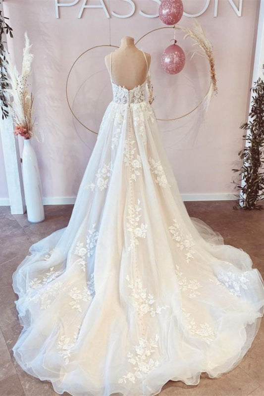 Spaghetti Strap V-Neck Sleeveless Tulle Lace A-Line Wedding Dress BM bride