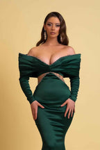Emerald Green Off the Shoulder Long Sleeves Prom Dress V Neck Mermaid