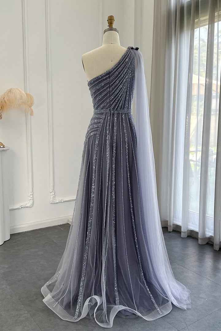 Stunning Gray One Shoulder A Line Prom Dress Appliques With Beading