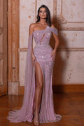 Lavender One-Shoulder Mermaid Prom Dress with Beadings and Split BM bride